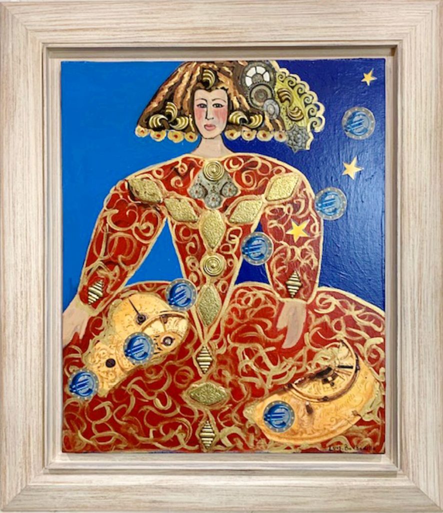Lluís Barbadillo's donated artwork, 'La Menina de l'Euro,' featuring a modern twist on Velazquez's iconic 'Menina', thought his impressionist collage technique, on display on the European Parliament Office in Barcelona.